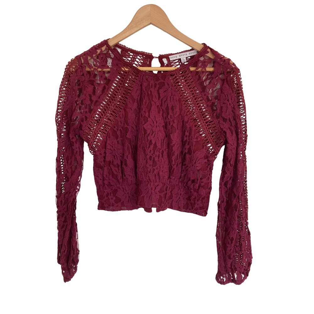 Hyfve Burgundy Floral Lace Long Sleeve Button Back Crop Top 16M627 Size L